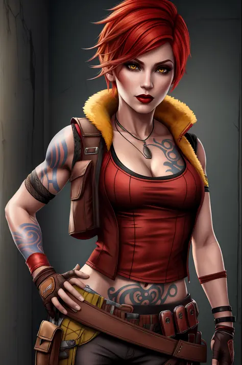 lilith (borderlands), masterpiece, best quality, tattoo, open vest, 1girl, yellow eyes, red hair, arm tattoo, short hair, gloves...