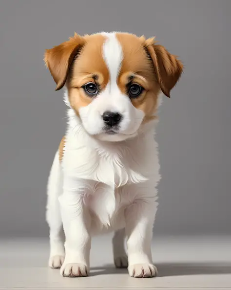 Dog, puppy, realistic, 8k, short legs, white and light brown colors, white stripe between eyes, standing.