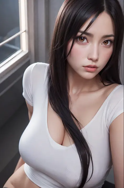 beautiful woman  ((wear thin white shirt)) with long black hair, hair bangs, a sweet mouth, light on the face, large breasts, the light shines on the face, Ultra detailed, 8K, HDR, Octane Render, Redshift, Unreal Engine 5. Professionally color graded, atmo...