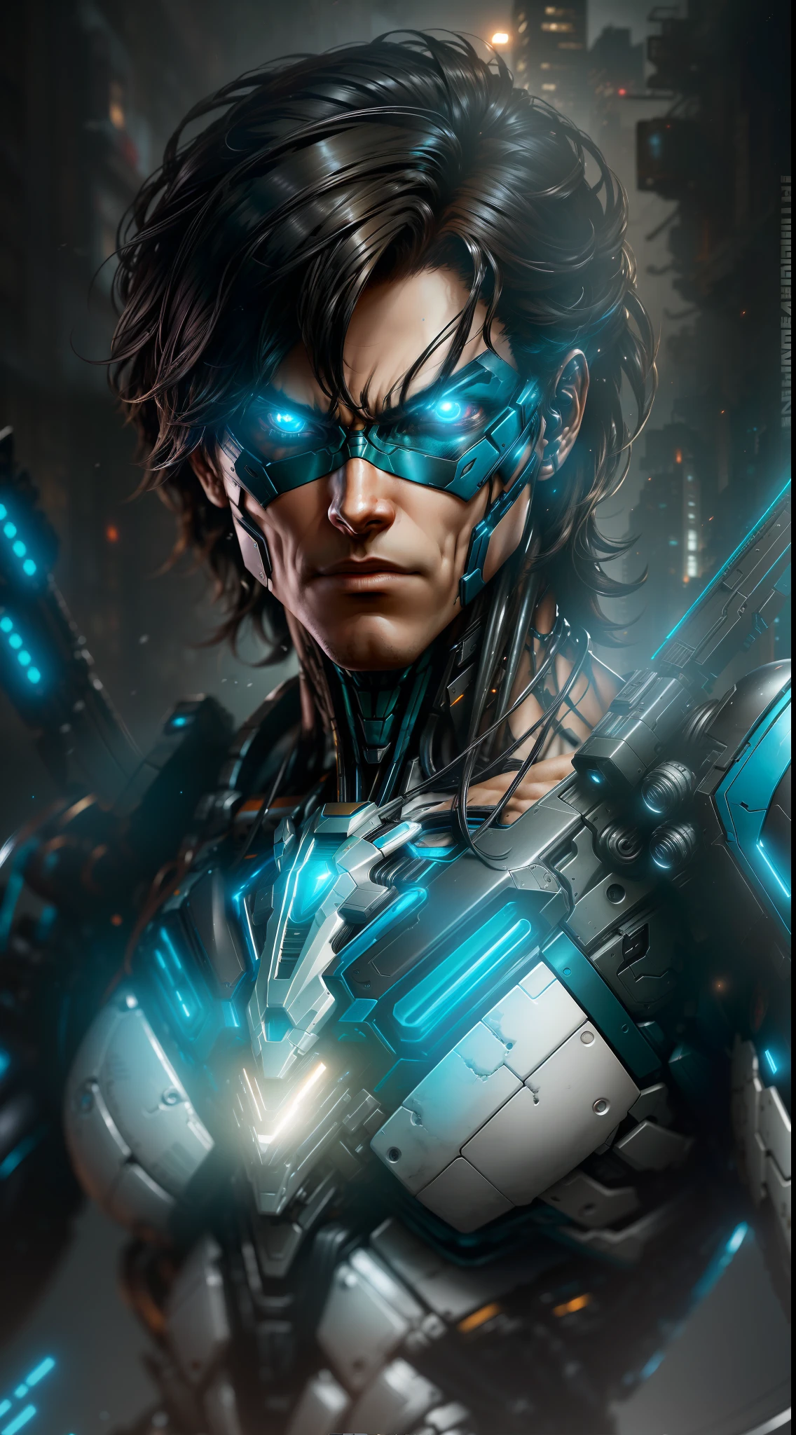 Nightwing from DC photography, biomechanical, complex robot, full growth, hyper-realistic, insane small details, extremely clean lines, cyberpunk aesthetic, a masterpiece featured on Zbrush Central