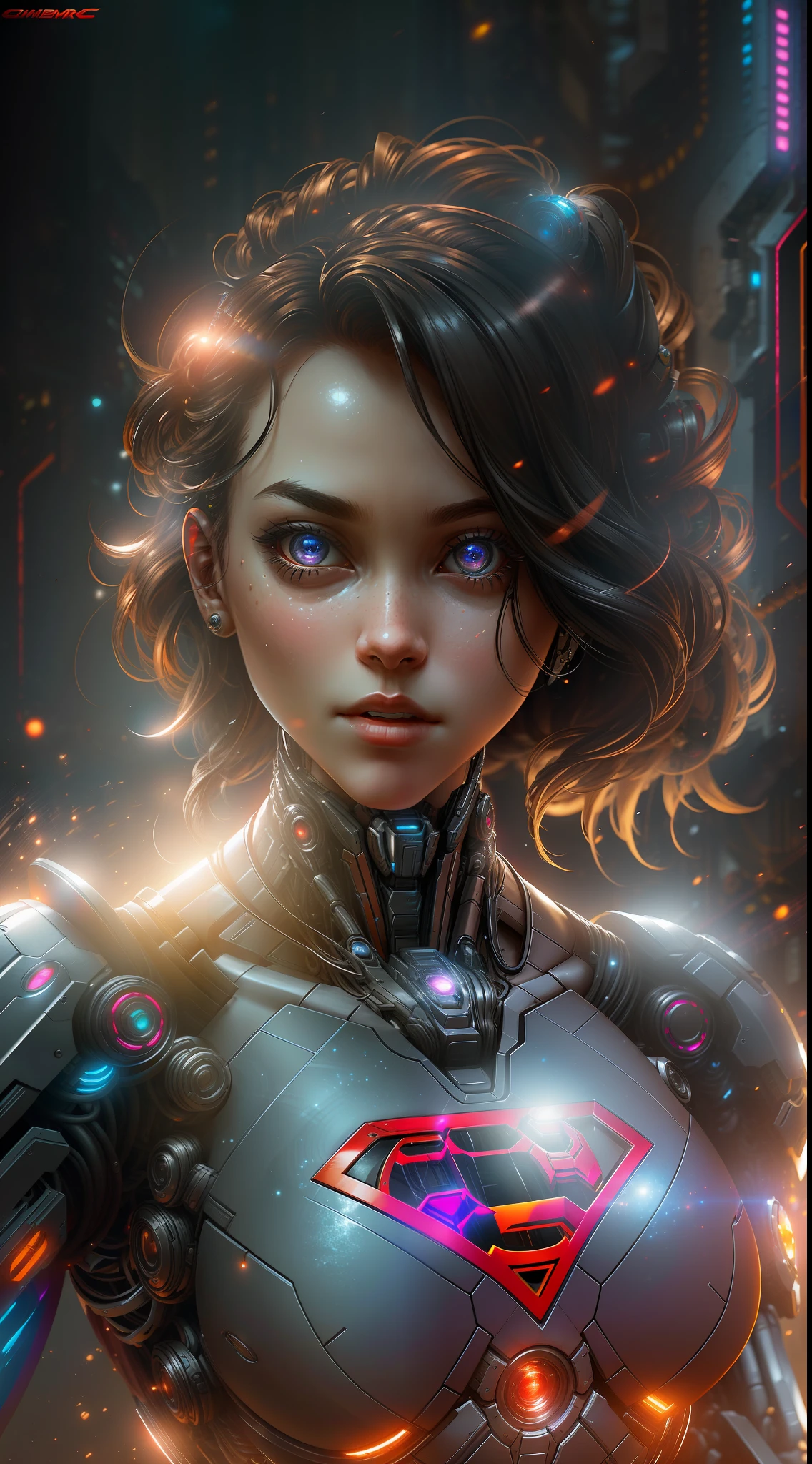Supergirl from DC photography, biomechanical, complex robot, full growth, hyper-realistic, insane small details, extremely clean lines, cyberpunk aesthetic, masterpiece featured on Zbrush Central