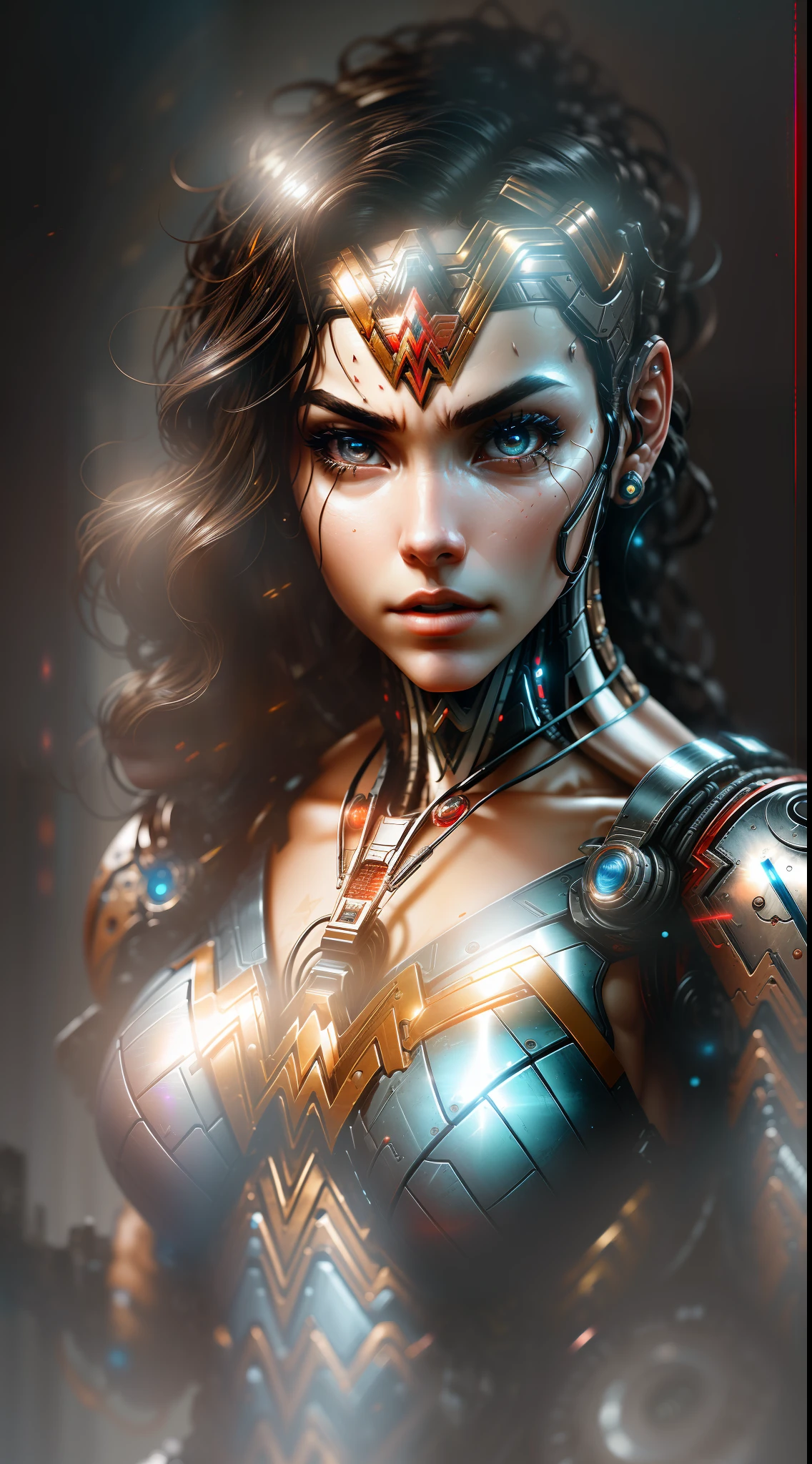 Wonder Woman from DC photography, biomechanical, complex robot, full height, hyper-realistic, insane small details, extremely clean lines, cyberpunk aesthetic, a masterpiece featured on Zbrush Central
