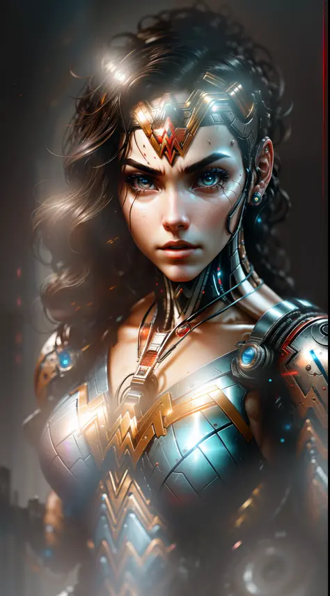 Wonder Woman from DC photography, biomechanical, complex robot, full height, hyper-realistic, insane small details, extremely cl...