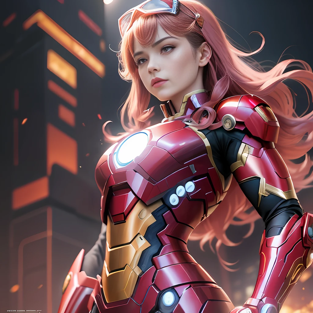 movie marvel's iron man costume, in the style of junko mizuno, cinematic elegance, dark pink and amber, romantic depictions of historical events, androgynous, solapunk, colorful costumes