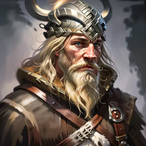 white man nordic beared viking helmet bold stare dark ambience looking to the camera oil painting alla prima wet on wet artstyle...