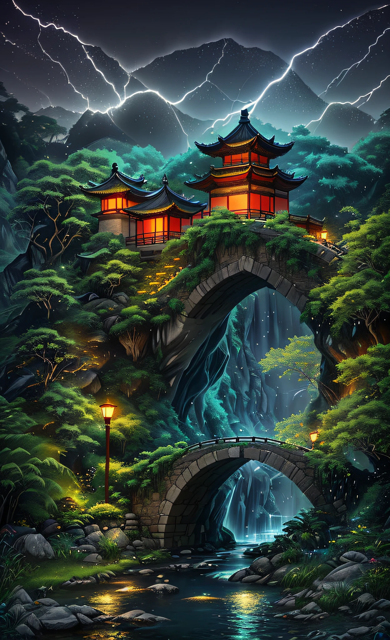 ((拡散カラー)) Ancient Chinese アーチitecture, クールな色, 暗い夜, 月, 庭, 竹, 湖, 石橋, ロックery, アーチ, コーナー, 木, 流れる水, 風景, 屋外, 滝, 草, ロック, 激しい降雨, 雷雨, 周囲にはブドウの木が生い茂っている, giant and wet 木s, with glowing leaves in the 木s, 光るホタルと光る粒子効果, 傑作, 最高品質, 高品質, 非常に詳細な CG unity 8k wallpaper, 油絵, 受賞歴のある写真, ボケ, 被写界深度, 高解像度, 咲く, ,写実的な,非常に詳細な, アートステーションでトレンド, CGSociety で話題, 複雑な, 高いディテール, 劇的, アート：ミッドジャーニー, ボリューム照明