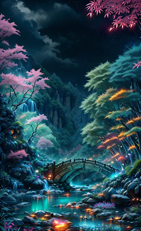 ((diffuse colors)) Ancient Chinese architecture, cool colors, dark night, moon, garden, bamboo, lake, stone bridge, rockery, arc...