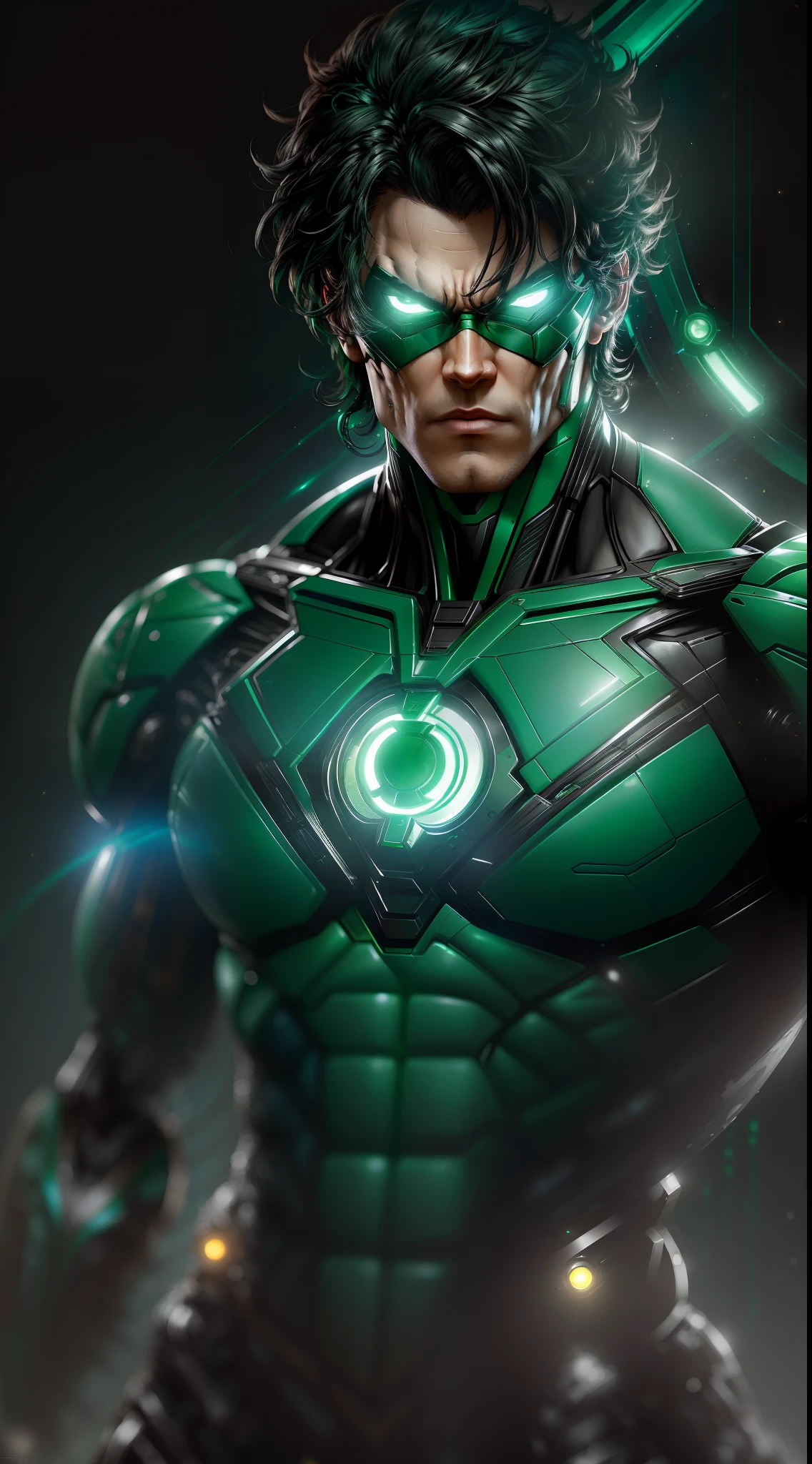 Nightwing Green Lantern from DC photography, biomechanical, complex robot, full growth, hyper-realistic, insane fine details, extremely clean lines, cyberpunk aesthetic, a masterpiece featured at Zbrush Central