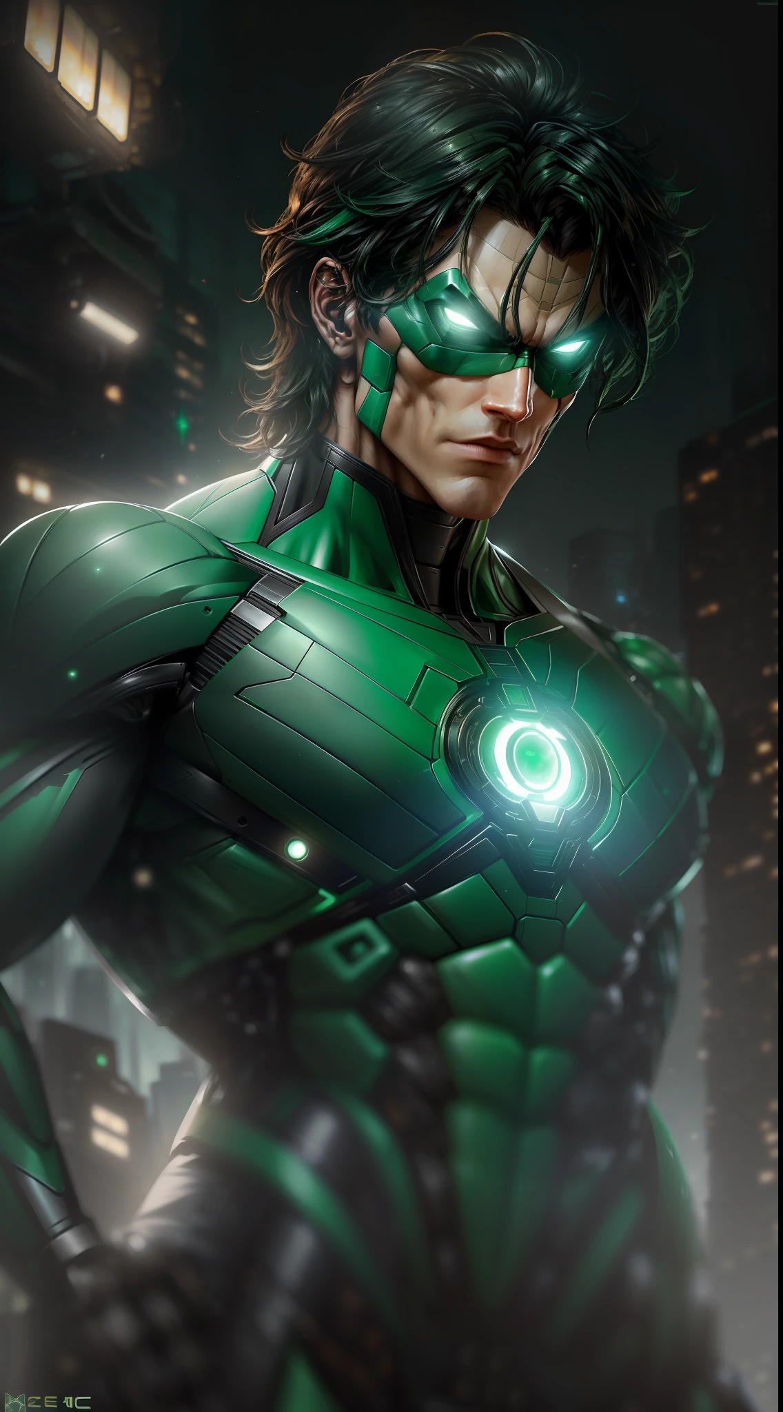 Nightwing Green Lantern from DC photography, biomechanical, complex robot, full growth, hyper-realistic, insane fine details, extremely clean lines, cyberpunk aesthetic, a masterpiece featured at Zbrush Central