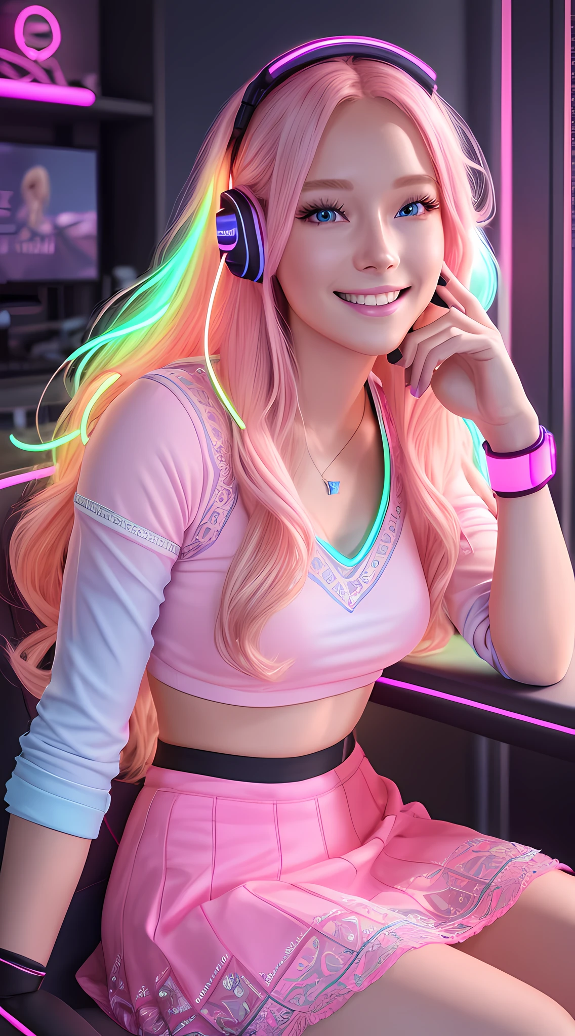 best quality, ultra high resolution, (photorealistic:1.4), (neon light pink and blue), beautiful face, long blonde hair, natural makeup, (PureErosFace_V1:0.8), | 1 Canadian woman, casual cloth, skirt, intricate design, earphone, | sitting in gaming chair, back of games room, streamer, player, pc for games, (smile)