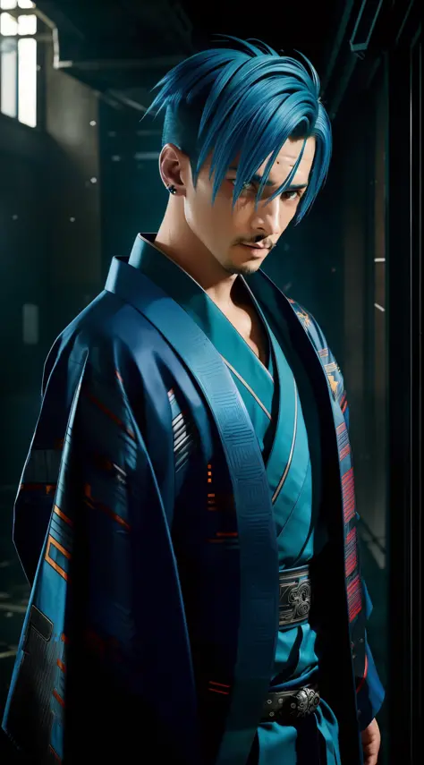 ((masterpiece 1.2)), high details, cyber punk, fighting position, wearing kimono, man with piercing gaze, blue hair, set in aban...