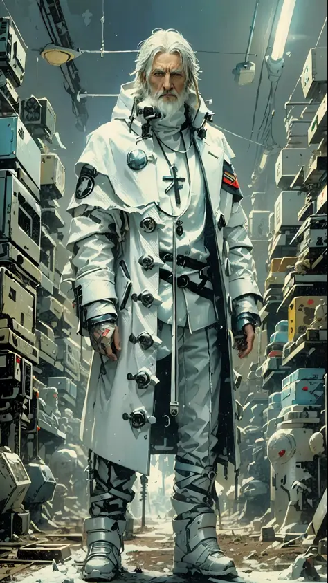 a 70 year old man, full body, cold, layers of white clothes, futuristic Cyberpunk suit, librarian, writer, white bulky clothes, ...