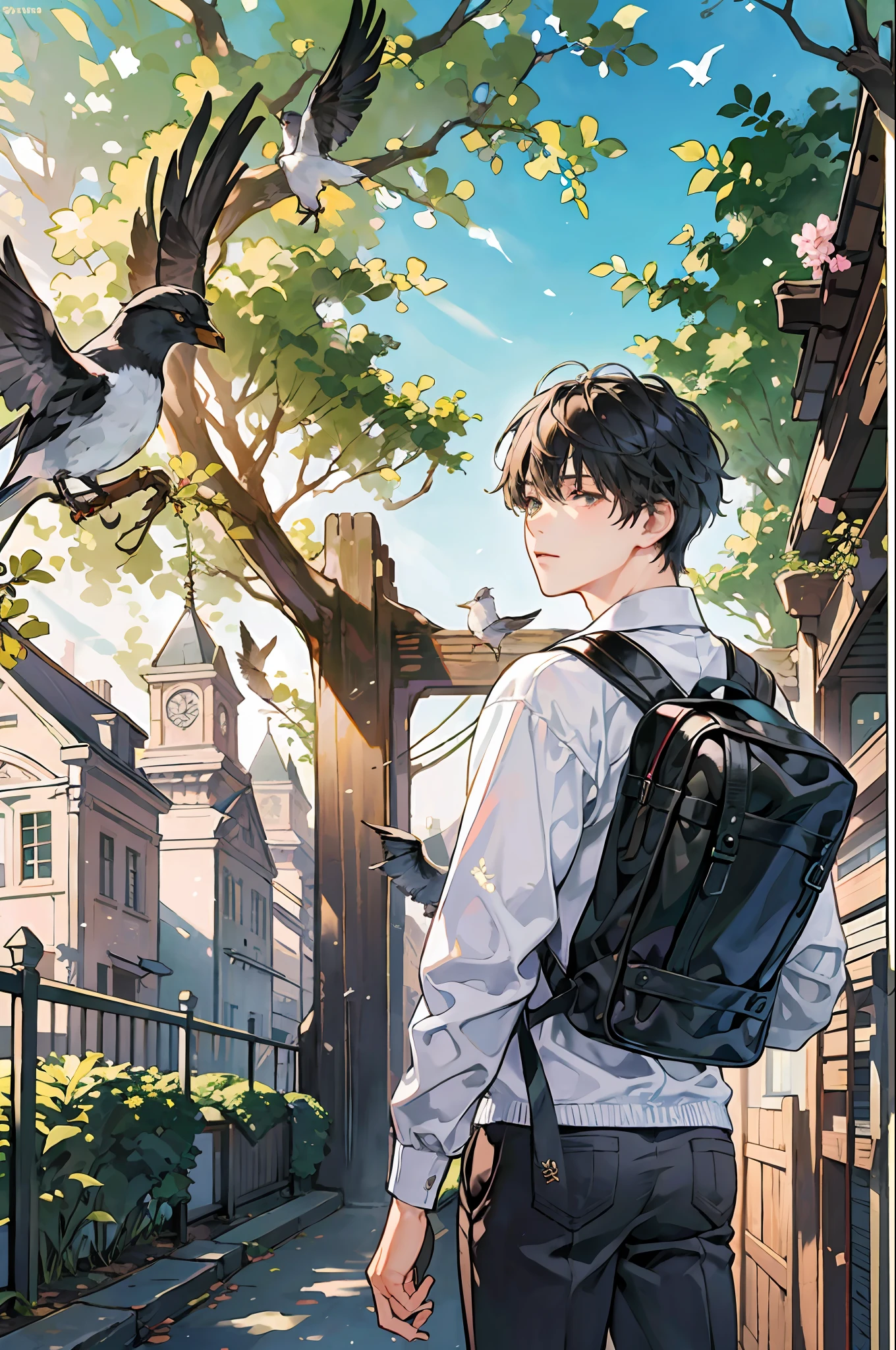 Anime boy with backpack looking at bird flying over his shoulder SeaArt AI