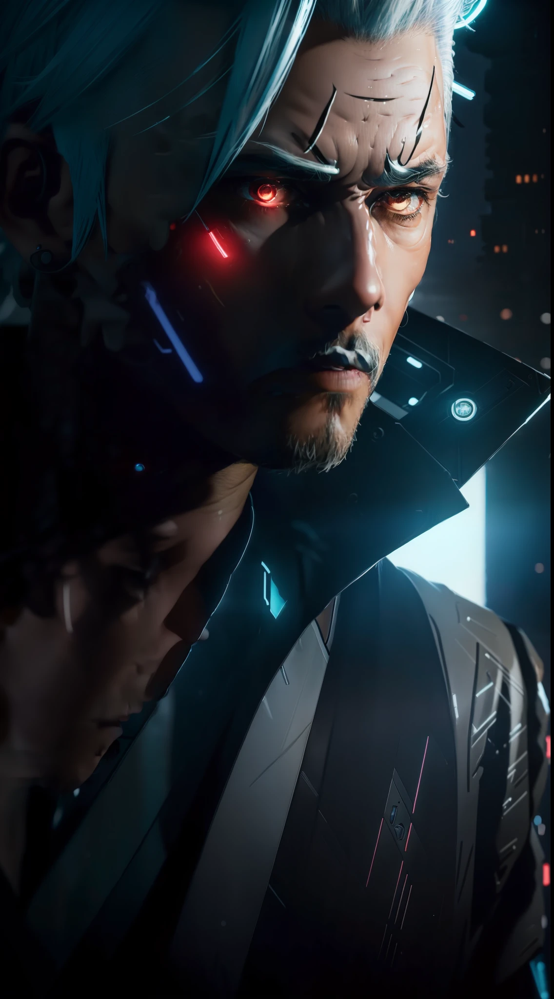 ((masterpiece 1.2)), high details, cyber punk, fighting position, wearing kimono, man with piercing gaze, white hair, set in futuristic neon city, depth of field, (4K), cinema, dramatic lighting, deep shadows, (intense HDR), canon lens, sparkle, textured skin