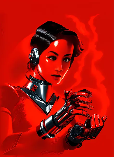 a drawing of a woman in a retro red outfit, cyborg style, manga style, fututista, hyper realistic
