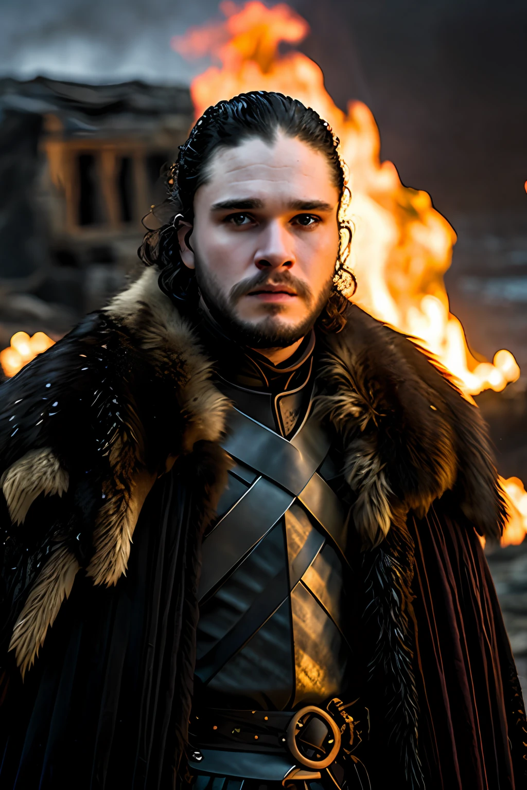 Game of Thrones, Jon Snow, A close-up of, illuminated by the light of a fire, with a backdrop of a dirty river and a shanty town.