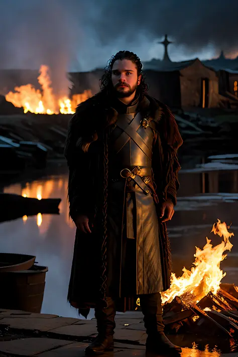 Game of Thrones, Jon Snow, A close-up of, illuminated by the light of a fire, with a backdrop of a dirty river and a shanty town...