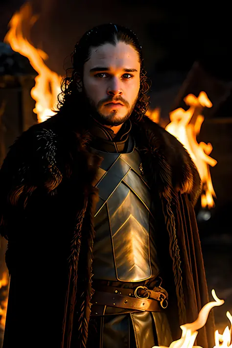 Game of Thrones, Jon Snow, A close-up of, illuminated by the light of a fire, with a backdrop of a dirty river and a shanty town...
