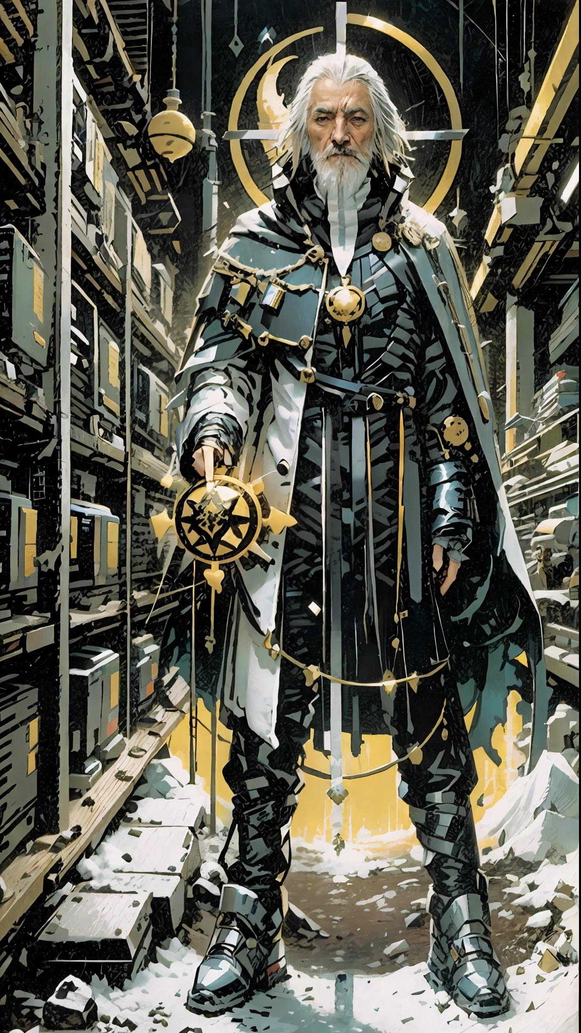 a 70 year old man, full body, cold, layers of white clothes, gold and black waist, futuristic Cyberpunk suit, librarian, writer, voluminous white clothes, sun-shaped neck medallion, futuristic clothes, [Liam Neeson] priest, librarian, short hair, big top, pointed white beard, eye tattoo, stylized sun tattoo on right eye, futuristic clothes, layered clothes,  cold inspired by Adrienn Henczné Deáki, pants, cold, cloak hair, inspired by Olivia de Berardinis