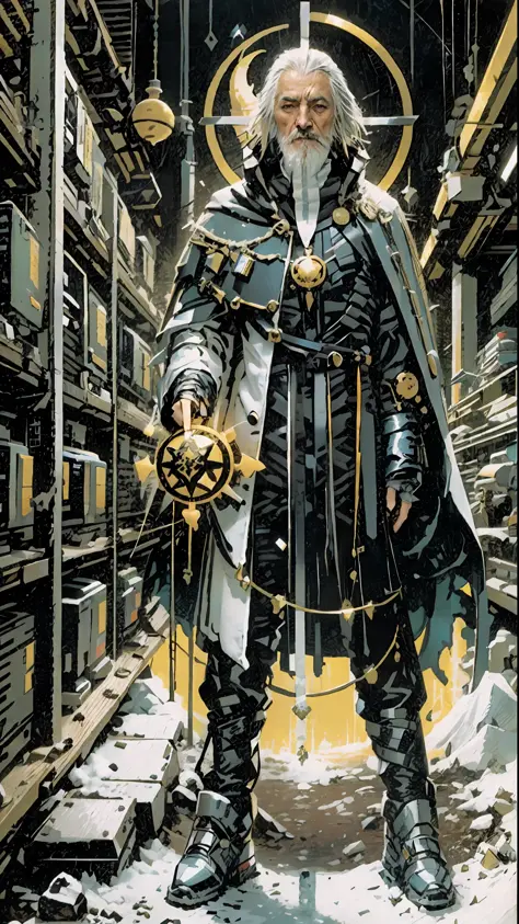 a 70 year old man, full body, cold, layers of white clothes, gold and black waist, futuristic Cyberpunk suit, librarian, writer,...