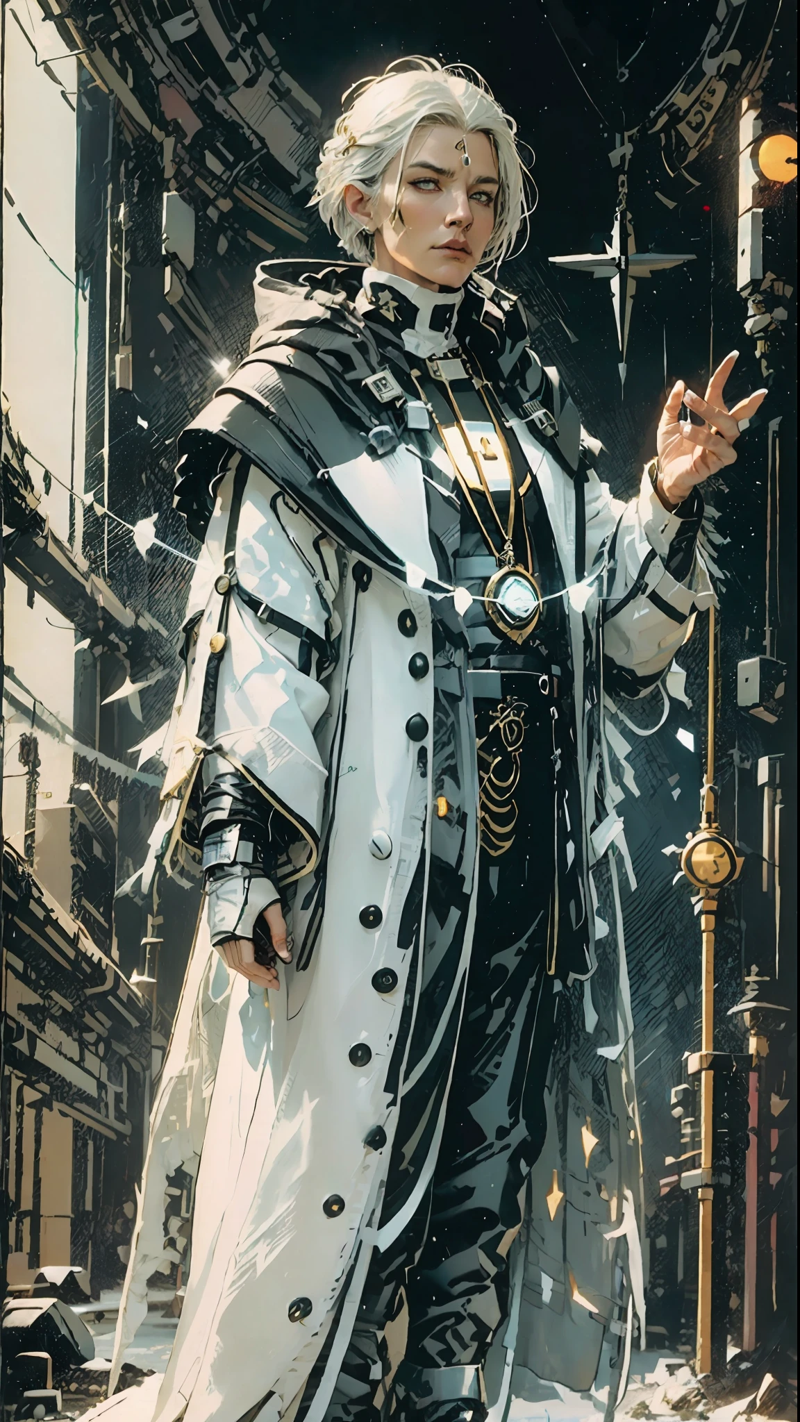 a 70 year old man, full body, cold, layers of white clothes, gold and black waist, futuristic Cyberpunk suit, librarian, writer, voluminous white clothes, sun-shaped neck medallion, futuristic clothes, [Liam Neeson] priest, librarian, short hair, big top, pointed white beard, eye tattoo, stylized sun tattoo on right eye, futuristic clothes, layered clothes,  cold inspired by Adrienn Henczné Deáki, pants, cold, cloak hair, inspired by Olivia de Berardinis