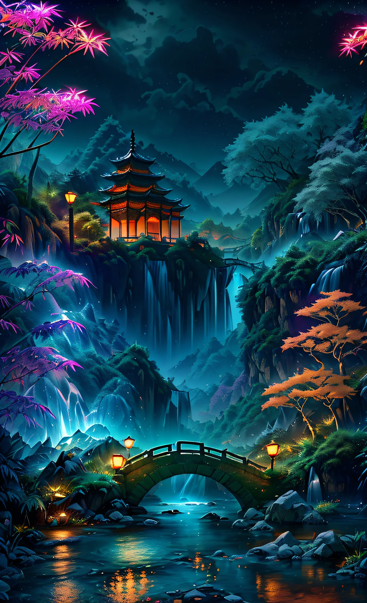 ((diffuse colors)) Ancient Chinese architecture, cool colors, dark night, moon, garden, bamboo, lake, stone bridge, rockery, arch, corner, tree, running water, landscape, outdoor, waterfall, grass, rock, intense rainfall, thunderstorm, vines all around, giant and wet trees, with glowing leaves in the trees, glowing fireflies and glowing particle effects, masterpiece, best quality, high quality, extremely detailed CG unity 8k wallpaper, oil paiting, award winning photography, Bokeh, Depth of Field, HDR, bloom, ,Photorealistic,extremely detailed, trending on artstation, trending on CGsociety, Intricate, High Detail, dramatic, art by midjourney, volumetric lighting