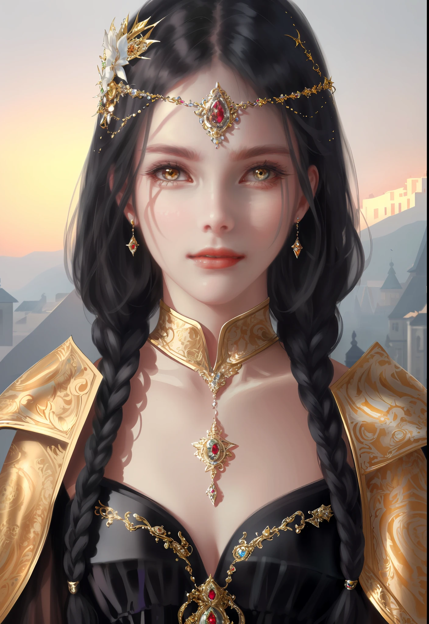 (masterpiece, sidelighting, finely detailed beautiful eye: 1.2), realistic, lusmus skin, shiny skin, facial light, shiny face, (1 teens girl), facial light, shiny face, shiny skin, half body, looking viewer, wlop, beautiful girl, jewelry, braids, cute face, golden eyes, fancy dress, princess