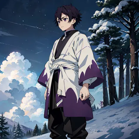 anime, (best quality), boy standing still (young and small), (snowy forest with sunrise), messy black hair (short), ((emotionles...