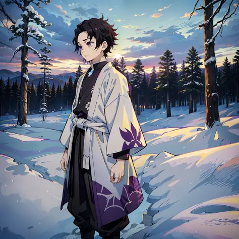 anime, (best quality), boy standing still (young and small), (snowy forest with sunrise), messy black hair (short), ((emotionles...