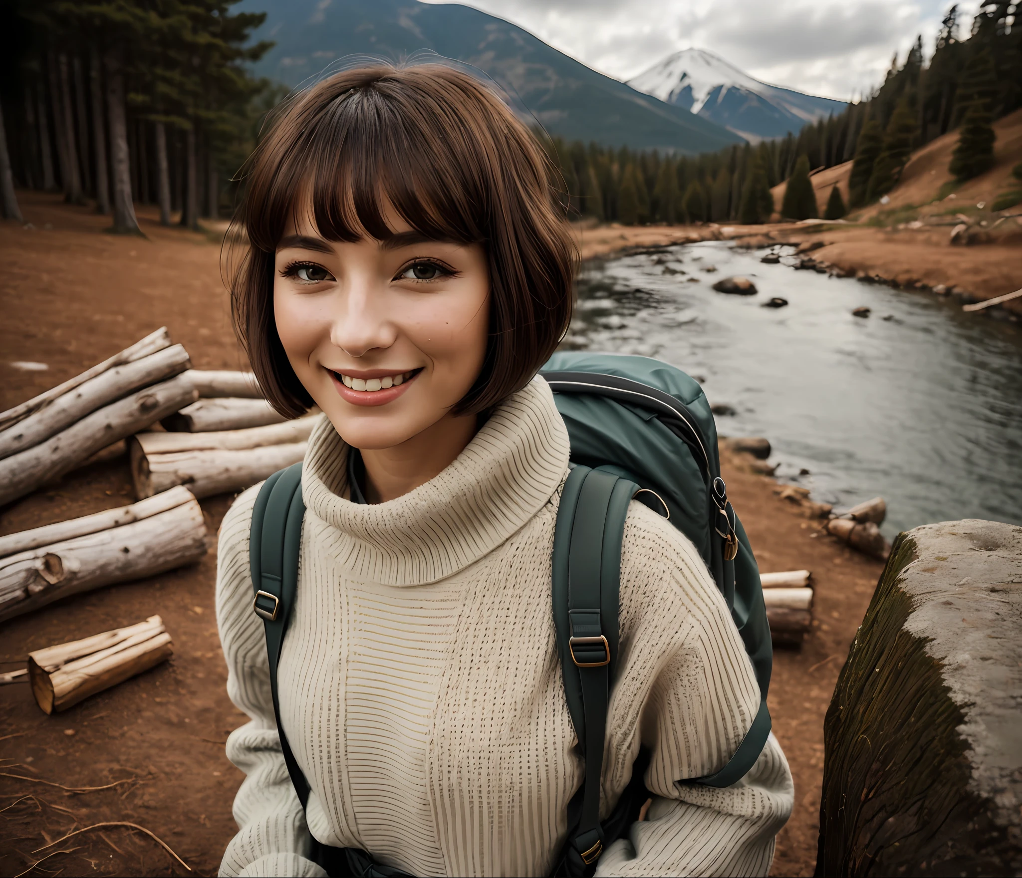 ((top quality, 8k, masterpiece: 1.3)), one cute Japan woman (happy smile, highly detailed face and skin and hair texture, detailed eyes, double eyelids, white skin, beautiful delicate nose), cute woman: 1.4, ((bob-cut hair (brown)), overhead camera, sharp focus: 1.2, pleasant to the eye, while emphasizing the subject's hair, eyes, mouth, action, It is a thought-provoking composition. ⠀
ground, outdoor, (night), mountain, nature, cheerful, happy, backpack, sleep, bag, camping stove, mountain boots, gloves, sweater, hat, lantern, forest, stone, river, wood, firewood, smoke, shadow, contrast, clear sky, style, (warm shades, warm tones)