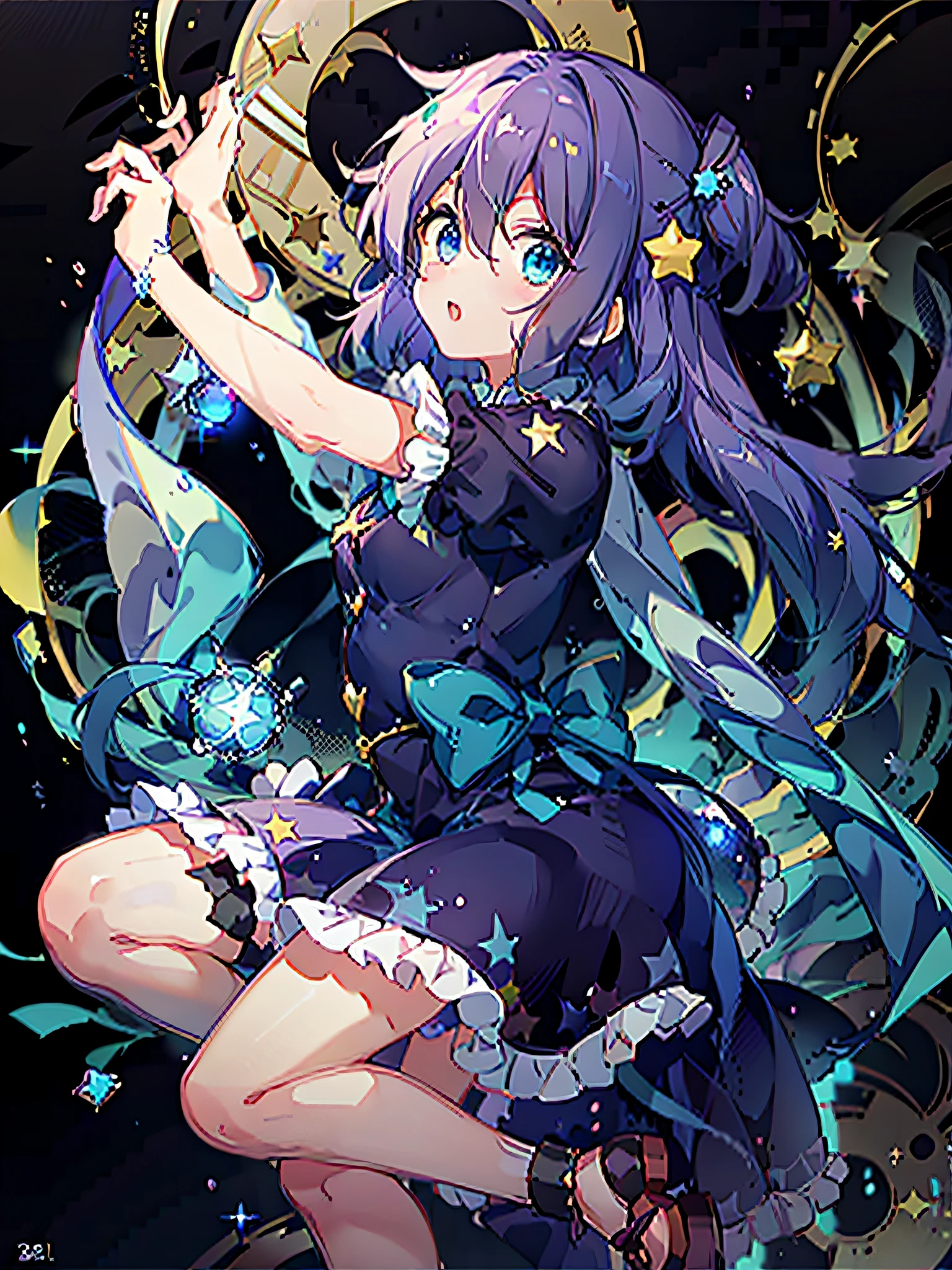 anime girl dans une robe bleue avec une étoile en arrière-plan, style artistique anime moe, art officielwork, Fanart de Marin Kitagawa, du désir, art officiel, akasuki étoile du vide, Hololive, cape d&#39;anime, [[[[souriant diaboliquement]]]], 8k!!, le désir de projeter, éclaboussure d&#39;art animé