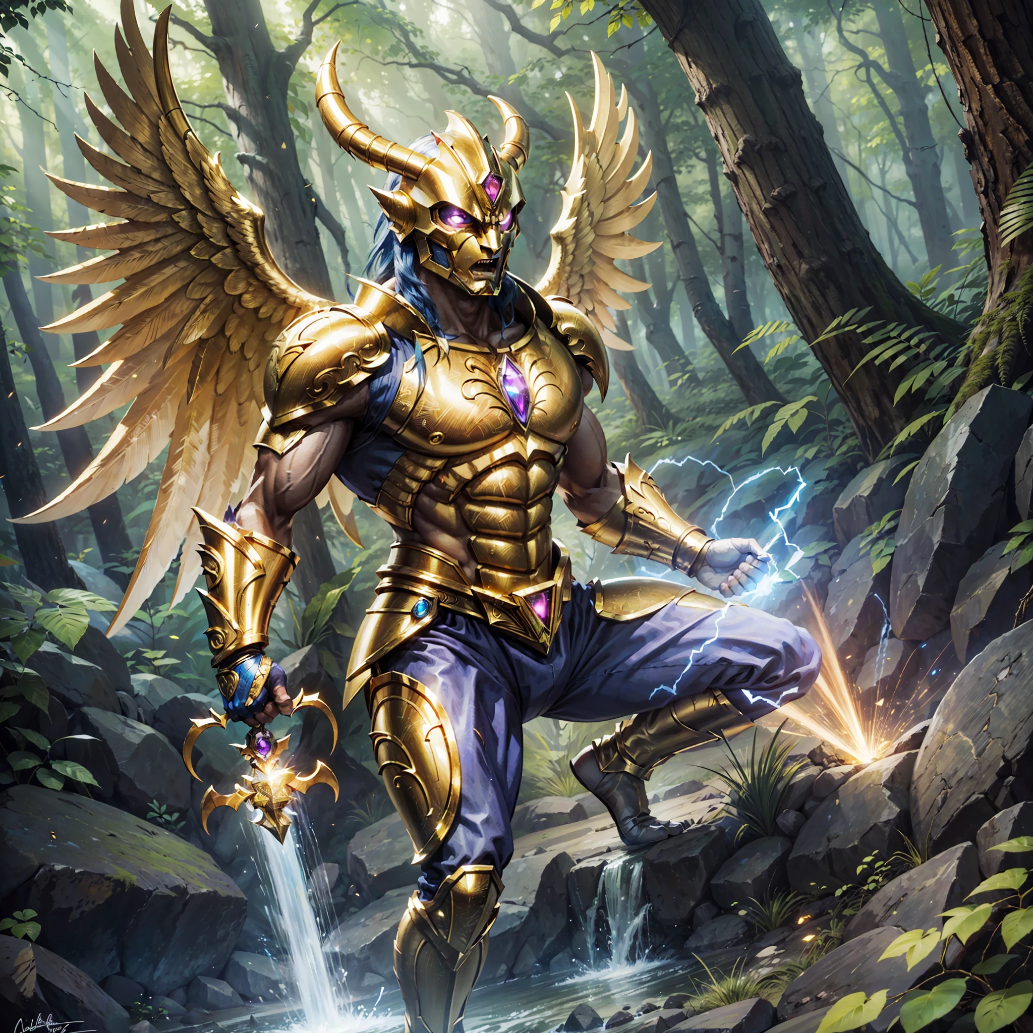 (ultra high res), ((photorealistic)), ((Hyperrealism)), Goldar from Power Ranger, Wizard No Heart from Care Bears, in the middle of a forest corrupting the place, extremely detailed, anatomically correct, HD, best quality, 16k, golden armor with wings of blue fire,