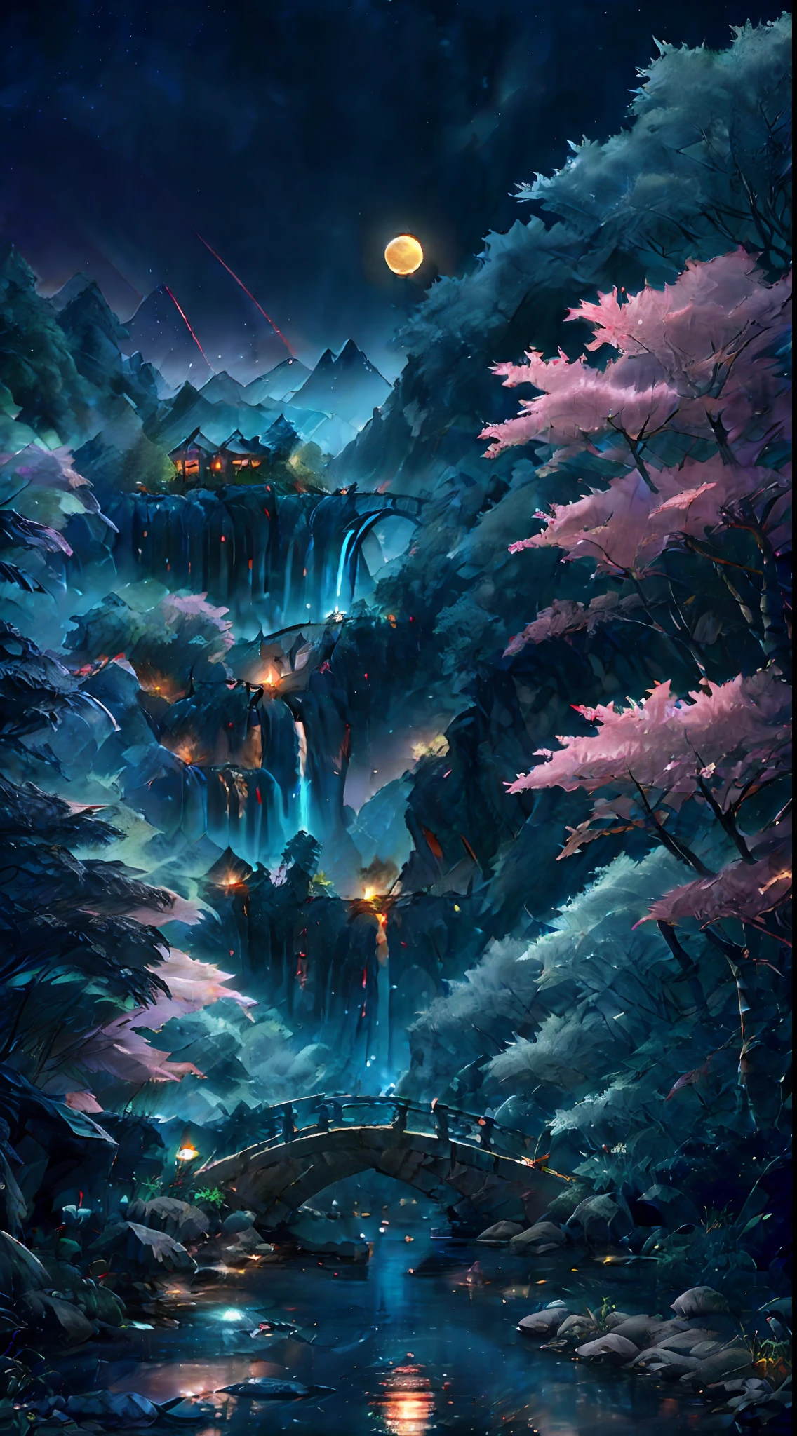 ((diffuse colors)), (( Top view, high angle view, Focal point composition)), Ancient Chinese architecture, cool colors, dark night, moon, garden, bamboo, lake, stone bridge, rockery, arch, corner, tree, running water, landscape, outdoor, waterfall, grass, rock, intense rainfall, thunderstorm, vines all around, giant and wet trees, with glowing leaves in the trees, glowing fireflies and glowing particle effects, masterpiece, best quality, high quality, extremely detailed CG unity 8k wallpaper, oil paiting, award winning photography, Bokeh, Depth of Field, HDR, bloom, ,Photorealistic,extremely detailed, trending on artstation, trending on CGsociety, Intricate, High Detail, dramatic, art by midjourney, volumetric lighting