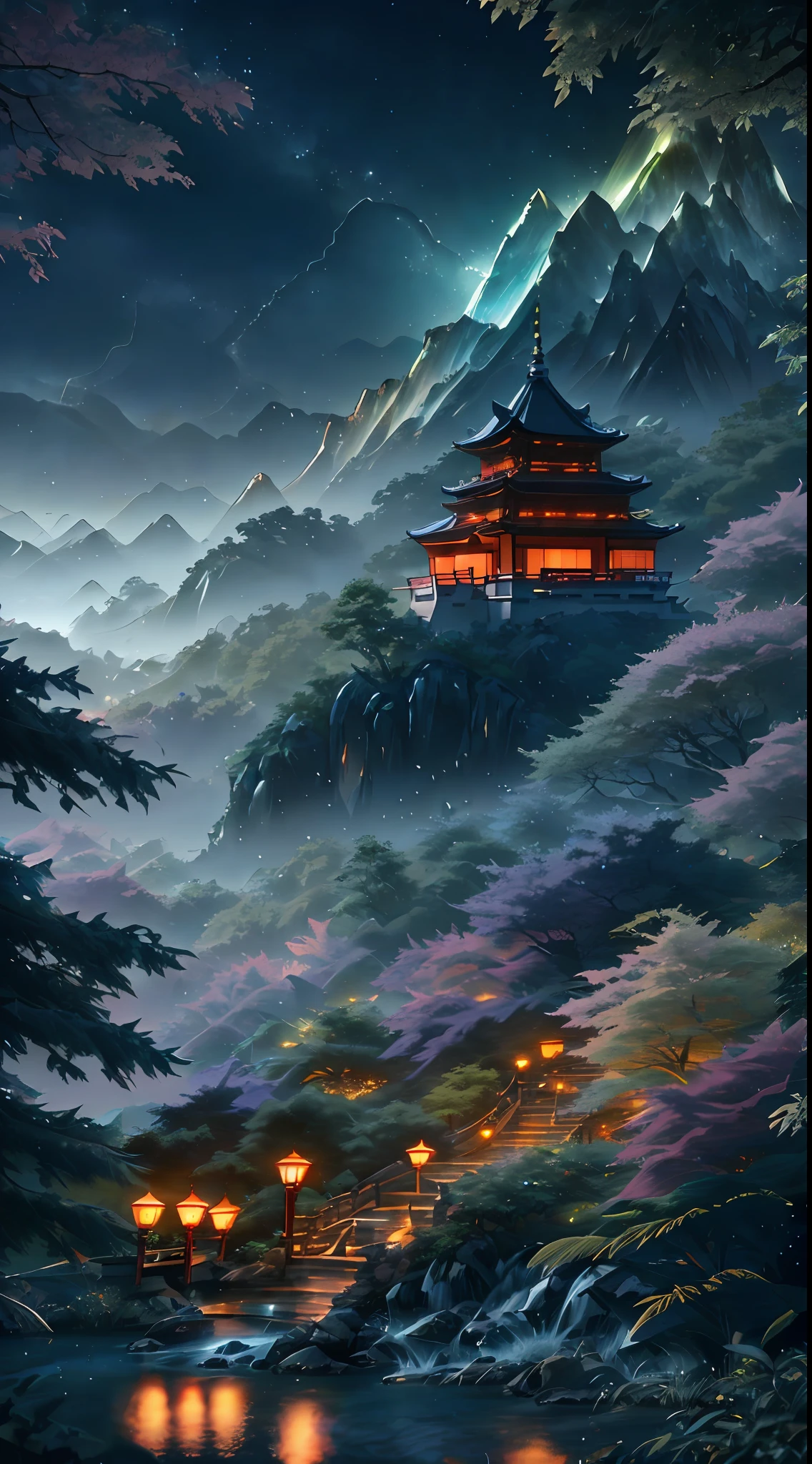 ((diffuse colors)), (( Top view, high angle view, Focal point composition)), Ancient Chinese architecture, cool colors, dark night, moon, garden, bamboo, lake, stone bridge, rockery, arch, corner, tree, running water, landscape, outdoor, waterfall, grass, rock, intense rainfall, thunderstorm, vines all around, giant and wet trees, with glowing leaves in the trees, glowing fireflies and glowing particle effects, a japanese castle at the top of a mountain, masterpiece, best quality, high quality, extremely detailed CG unity 8k wallpaper, oil paiting, award winning photography, Bokeh, Depth of Field, HDR, bloom, ,Photorealistic,extremely detailed, trending on artstation, trending on CGsociety, Intricate, High Detail, dramatic, art by midjourney, volumetric lighting