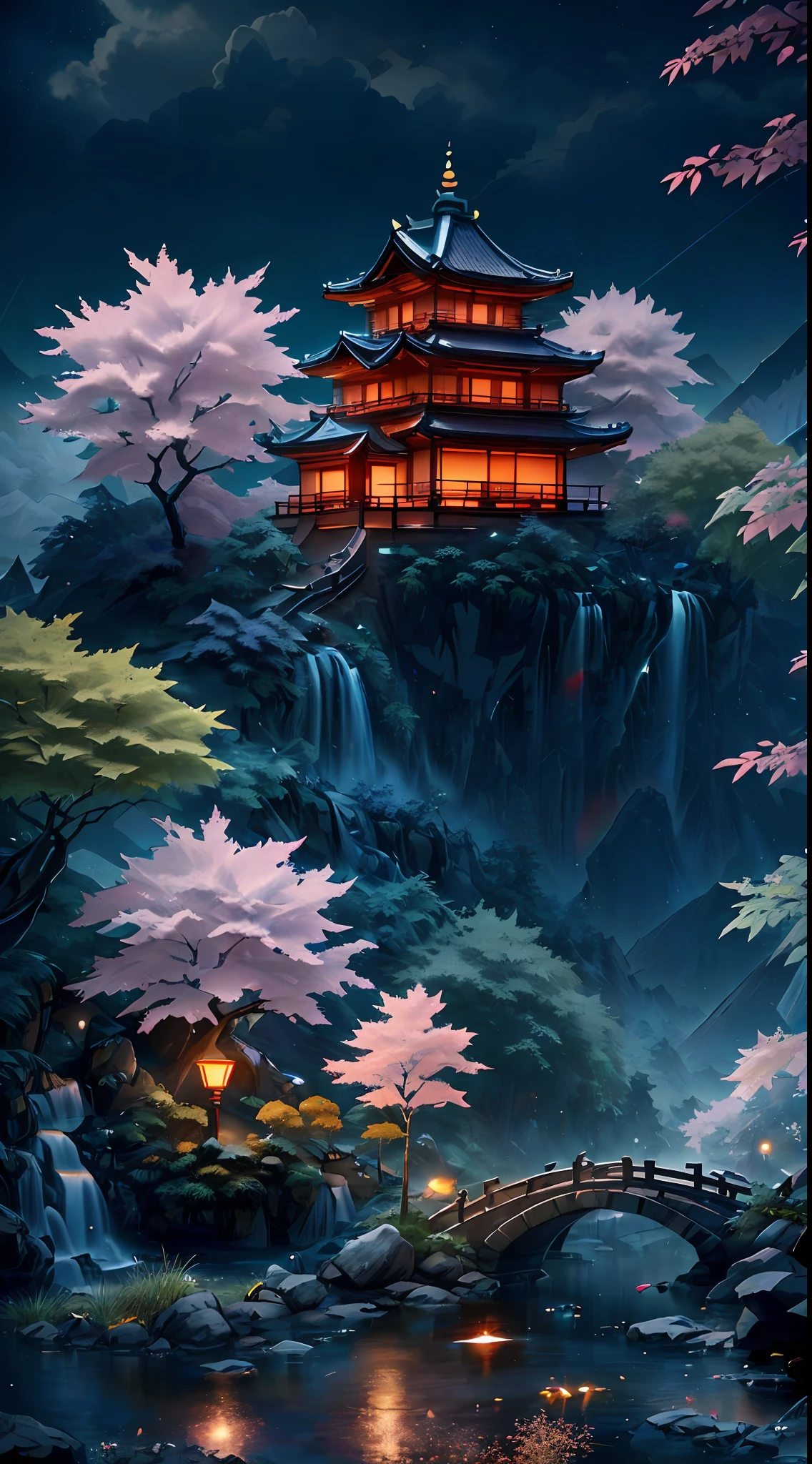 ((diffuse colors)), (( Top view, high angle view, Focal point composition)), Ancient Chinese architecture, cool colors, dark night, moon, garden, bamboo, lake, stone bridge, rockery, arch, corner, tree, running water, landscape, outdoor, waterfall, grass, rock, intense rainfall, thunderstorm, vines all around, giant and wet trees, with glowing leaves in the trees, glowing fireflies and glowing particle effects, a japanese castle at the top of a mountain, masterpiece, best quality, high quality, extremely detailed CG unity 8k wallpaper, oil paiting, award winning photography, Bokeh, Depth of Field, HDR, bloom, ,Photorealistic,extremely detailed, trending on artstation, trending on CGsociety, Intricate, High Detail, dramatic, art by midjourney, volumetric lighting