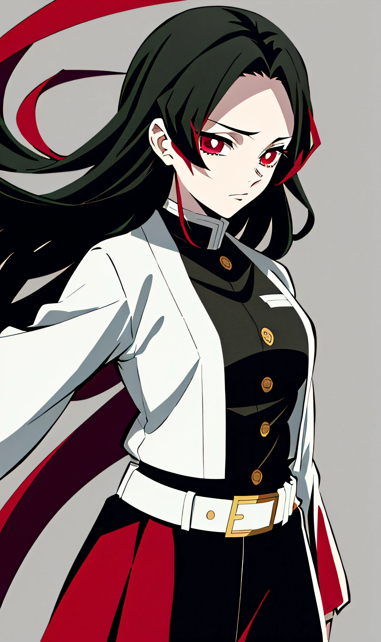 Junges japanisches Mädchen im Kimetsu no Yaiba-Stil, welliges schwarzes Haar mit roten Spitzen, schwarze offene Demon Slayer Uniform mit weißem Unterhemd, white belt, Anime-Färbung, ((Meisterwerk))