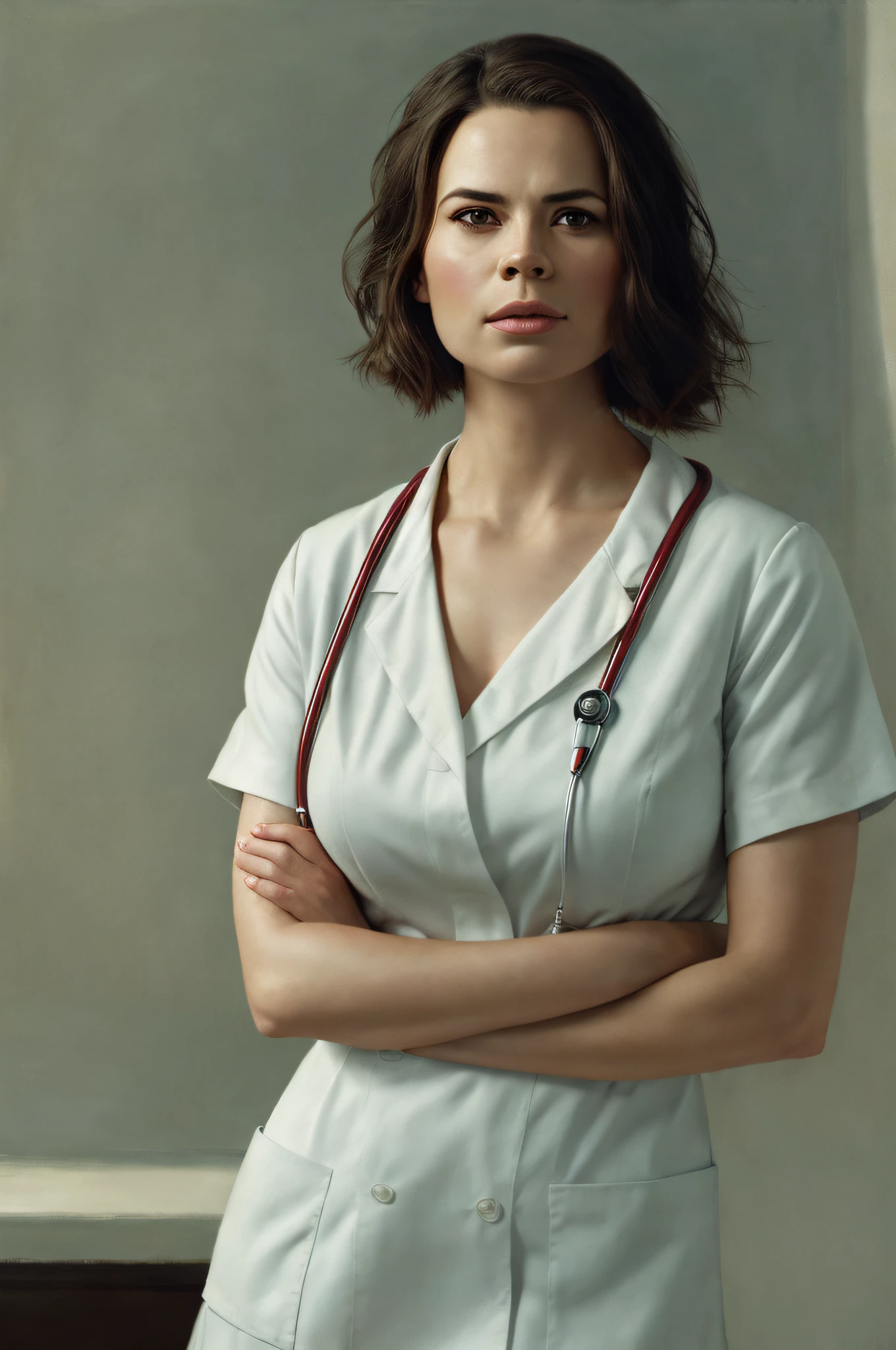 (Thirty year old) nurse woman, wearing a (nurses uniform::1.3), stethoscope, beautiful legs, dreamy photo, dramatic pose, looking directly at camera, intense stare, slight smile, soft expression, flirty, beautiful landscape, misty, Canon, (Detailed features::1.2), real life. Hayley Atwell, intricate, 8k, highly detailed, (extremely detailed CG unity 8k wallpaper), ((square jaw)), (well defined jaw), (downturned lips), (detailed anatomy), Hyperrealistic full shot body image, trending on CGSociety, Intricate, High Detail, Sharp focus, dramatic, volumetric lighting, digital painting, intense, modelshoot style, (extremely detailed CG unity 8k wallpaper), full shot body photo of the most beautiful artwork in the world, pearl skin, professional majestic oil painting by Ed Blinkey, Atey Ghailan, Studio Ghibli, by Jeremy Mann, Greg Manchess, Antonio Moro, trending on ArtStation, photorealistic painting art by midjourney and greg Rutkowski