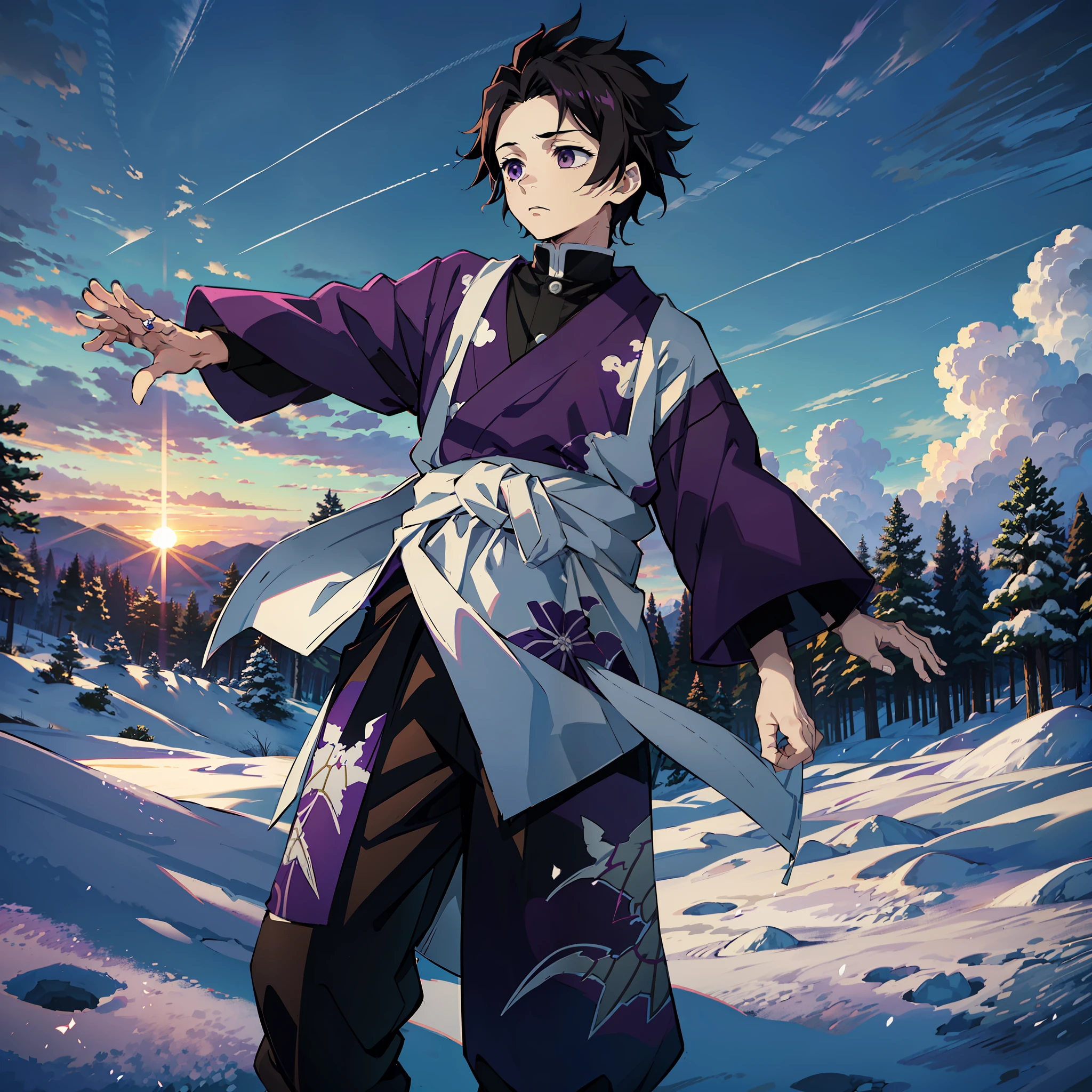 anime, (best quality), a boy in dynamic pose (young and small), (snowy forest with sunrise), messy black hair (short), ((emotionless gray eyes)), Japanese clothes, open purple coat ((purple with cloud print pattern)), ((a hem at the waist)), demon slayer art, demon slayer artstyle, kimetsu no yaiba