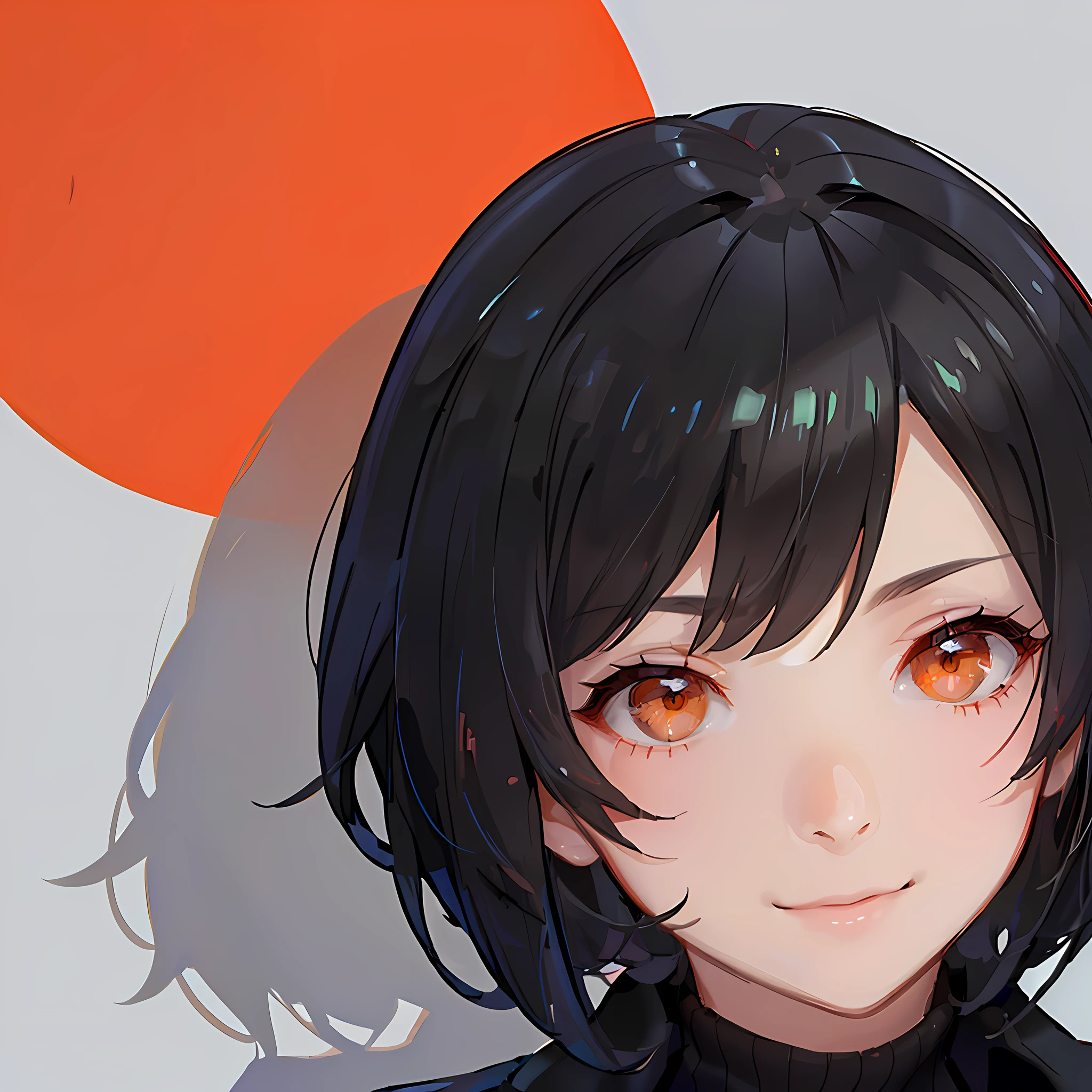 Masterpiece, best quality, high-res, close-up, upper body, 1girl, solo, standing, head tilt, mouth closed, smile, black hair, bob cut, short hair, small breasts, jacket, black jacket, suit jacket, orange eyes, detailed eyes, hair braid, looking at viewer