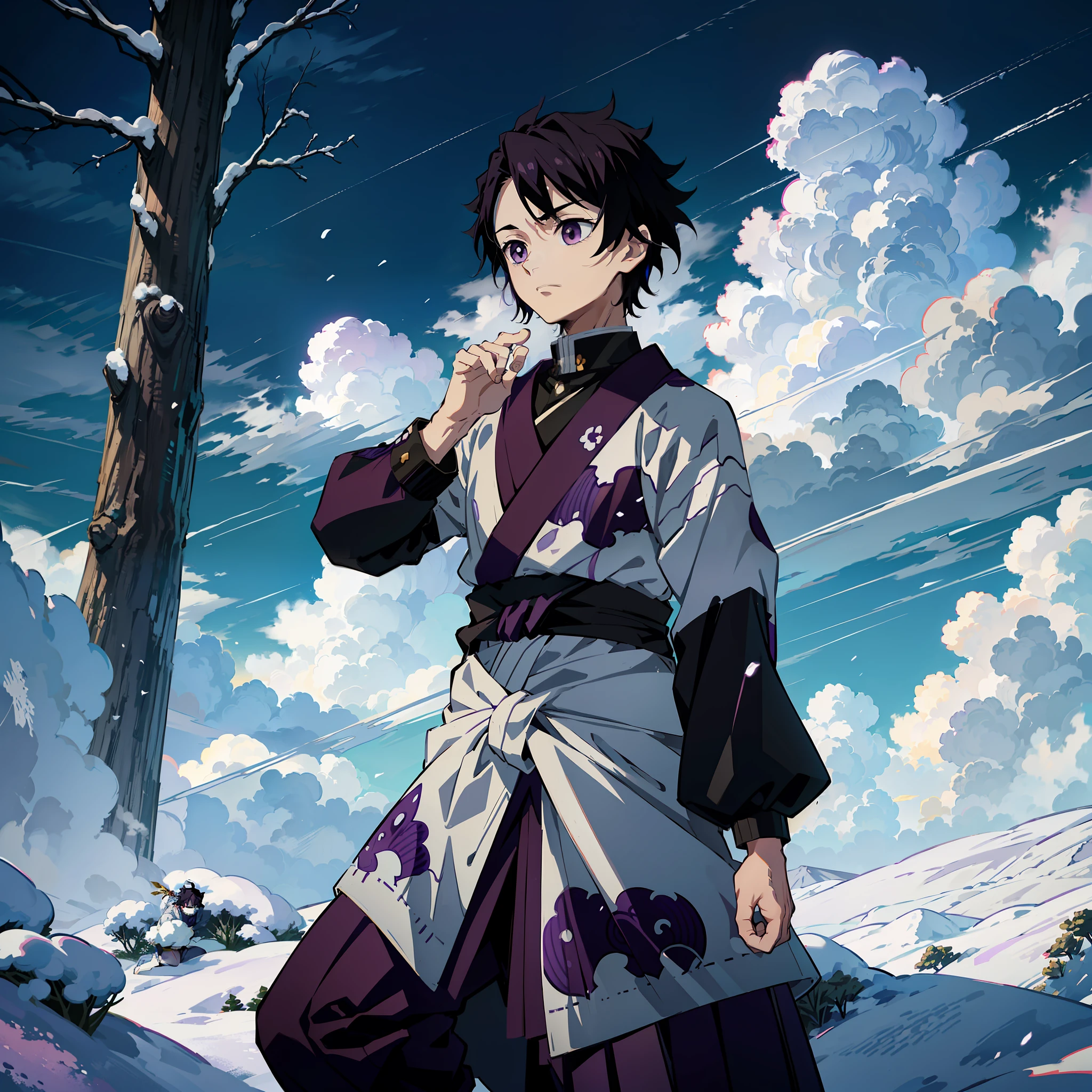 anime, (best quality), a boy in dynamic pose (young and small), (snowy forest with sunrise), messy black hair (short), ((emotionless gray eyes)), Japanese clothes, open purple coat ((purple with cloud print pattern)), ((a hem at the waist)), demon slayer art, demon slayer artstyle, kimetsu no yaiba