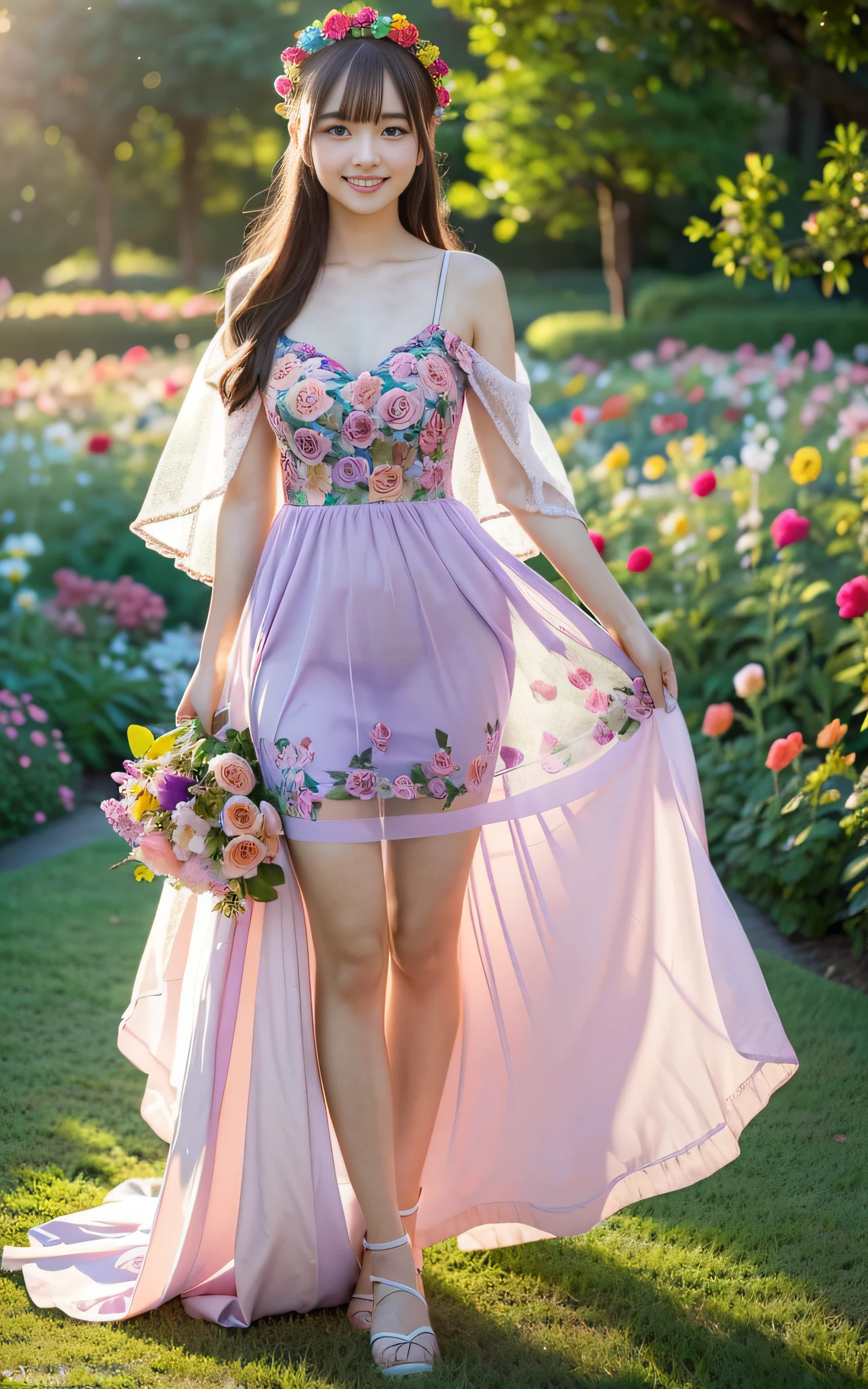 Full body photo,((Slim body)))),20 years old, Twilight rays, sheer summer dress, flower crown, ((Tokugawaen)), rose front bokeh, bokeh, photorealistic, surrounded by colorful roses,((((smiling)))),(1 girl), (sunset:1.3), (8k, raw photography, best quality, masterpiece:1.2), (realistic, photorealistic:1.37), Best Quality, Ultra High Definition, (Standing in the Flower Garden:1.3), (Vibrant and Colorful:1.3)