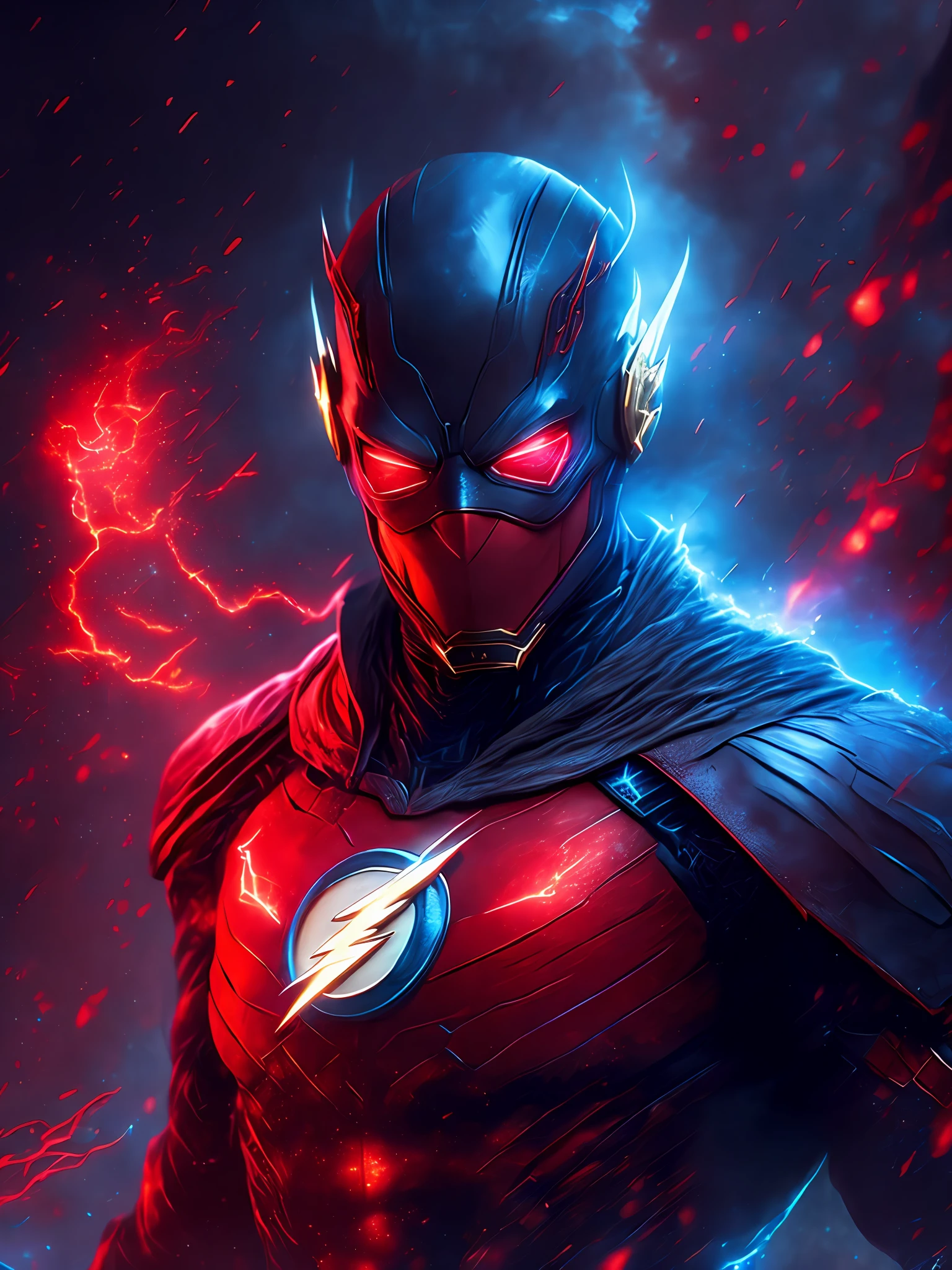 gloomy portrait of Flash Red Lantern from DC, extremely detailed, futuristic cityscape, nighttime, glowing neon lights, smoke, sparks, metal shavings, flying debris, blue energy effects, volumetric light