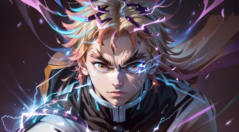 a close-up of a person with a purple and blue background full of lightning, glowing black aura, evil aura, 8k anime, an epic ani...
