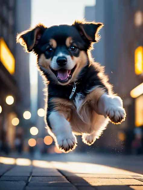 close-up photo of a puppy jumping very cute in the city, soft volumetric lights (backlighting: 1.3), (cinematics: 1.2), intricate details (ArtStation: 1.3), Rutkowski