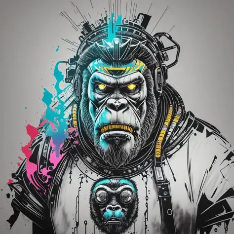 (a portrait of Cyberpunk KING KONG with colored fluid), T-shirt logo in tapered thin outline style, spell view, artwork in (empty background:1.4) --auto --s2
