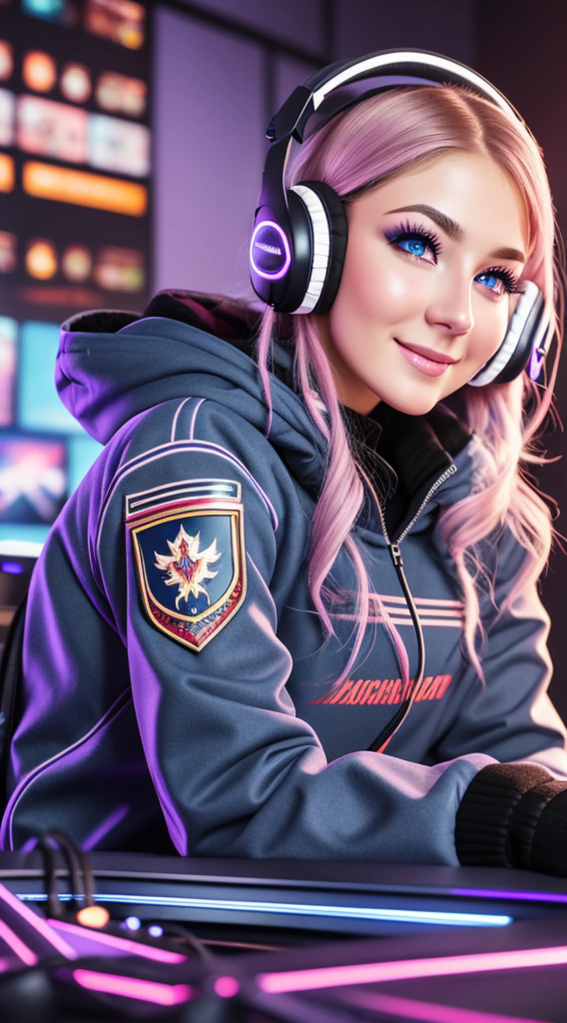 best quality, ultra high resolution,beautiful face, at night, natural makeup, | (perfect anatomy) , (perfect eyes)1 woman russia , gamer clothing winter coat e-sports team uniform, intricate design, headset, | Sitting in the gaming chair, back of the games room in a room at night, streamer, player, gaming PC, (room at night) . smile