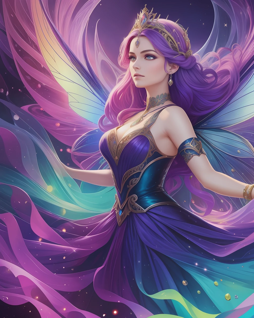 (masterpiece), best quality, an otherworldly, fantastical depiction of "Queen Mab", the queen of the fairies, floating in mid-air, surrounded by a vibrant, ethereal background. Her hair in a disarray of multitude colors, her dress shimmering with a metallic iridescence, her face with a mischievous, knowing expression. The landscape around her is awash in splashes of vivid, bright colors contrasted against deep shadows and supernatural glows.