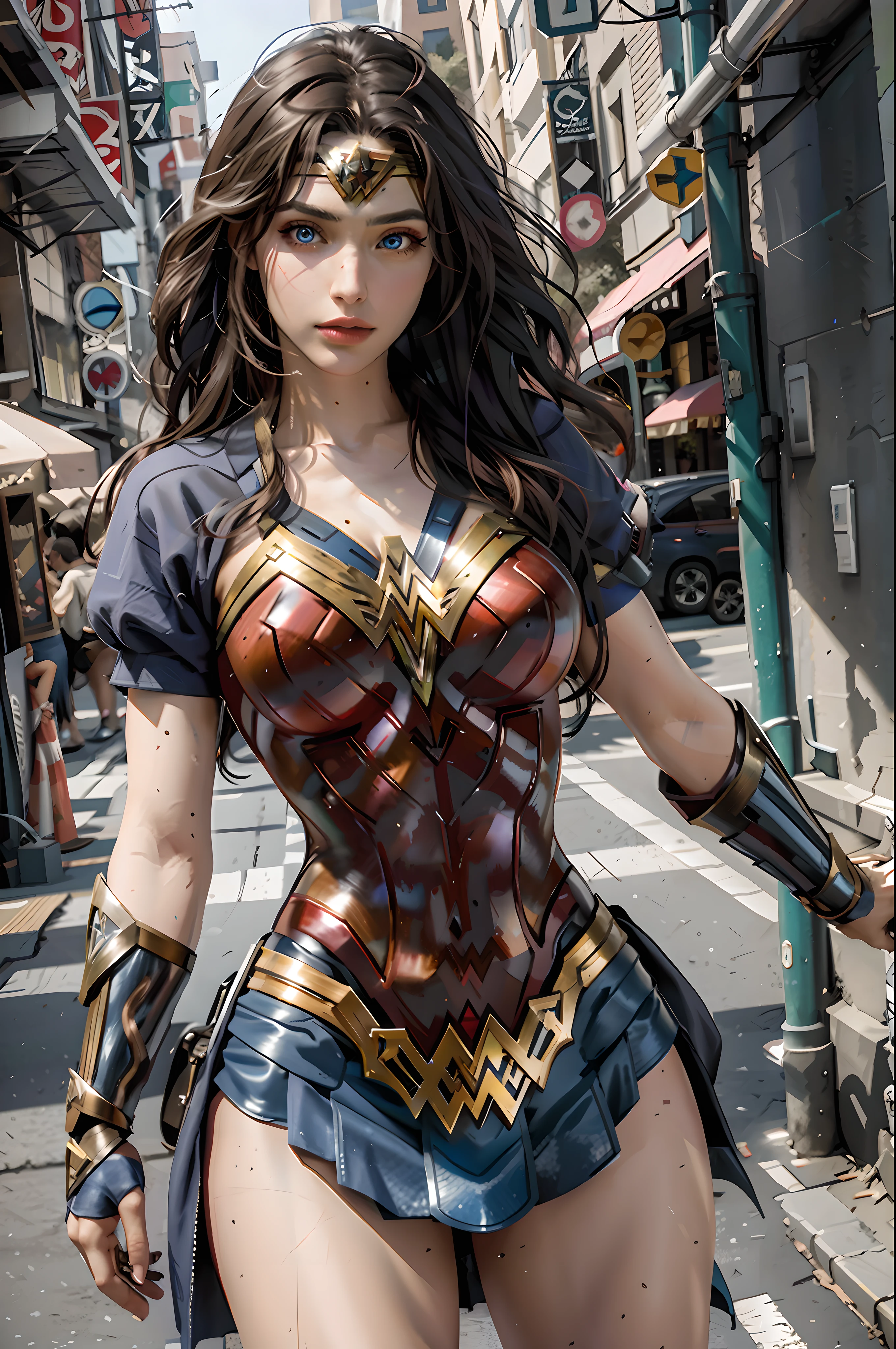 masterpiece, best quality, realistic, photograph, photorealism, hyper-detailed, perfect body, detailed eyes, beautiful girl, wonder woman, cosplay, sexy
