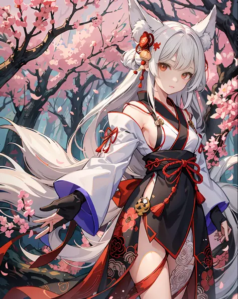 1 Girl, Nine-Tails, Japanese Clothes, Rori, Fox, Red and White, Shrine, Super Cute Face, Nine Tails, Dense, High Definition, Cherry Blossom Blooming Forest, Glowing (Extremely Detailed CG unity 8k wallpaper), (masterpiece), (Best Quality), (ultra-detailed)...