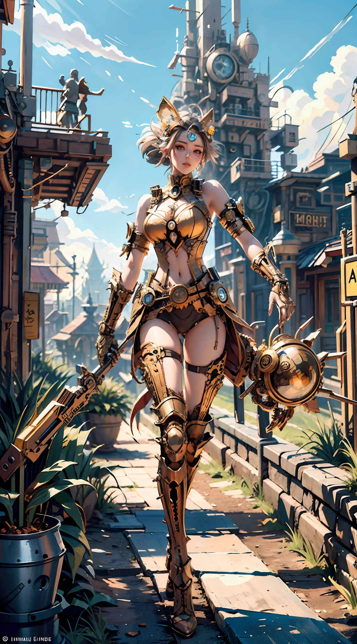 meccog, panorama, full body, best quality, masterpiece, super high resolution, (realism:1.4), ridiculous, cinema lights, (best vista photos of mechanical girls), 1 girl, (anatomically correct), (monkey mask)), ((long stick weapon)), glowing [black: pink: 0.5] theme, (gradient background: 1.1), short hair, (monkey ears), red eyes, smile, delicate headdress, (koh_amberheard:0.9), Extremely detailed faces, fantasy sci-fi creatures, surrealism, steampunk, intricate design, extremely detailed, exquisite details, HDR (High Dynamic Range), ray tracing, Unreal 5, Subsurface scattering, PBR textures, Post processing, Anisotropic filtering, Depth of field, Maximum sharpness and sharpness, Multi-layer textures, Albedo and highlight maps, Surface shading, Accurate simulation of light-material interactions, Perfect proportions, Octane rendering, Two-tone lighting, low ISO, white balance, rule of thirds, wide aperture, 8K RAW, high efficiency sub-pixel, subpixel convolution, luminescent particles, light scattering, Tyndall effect